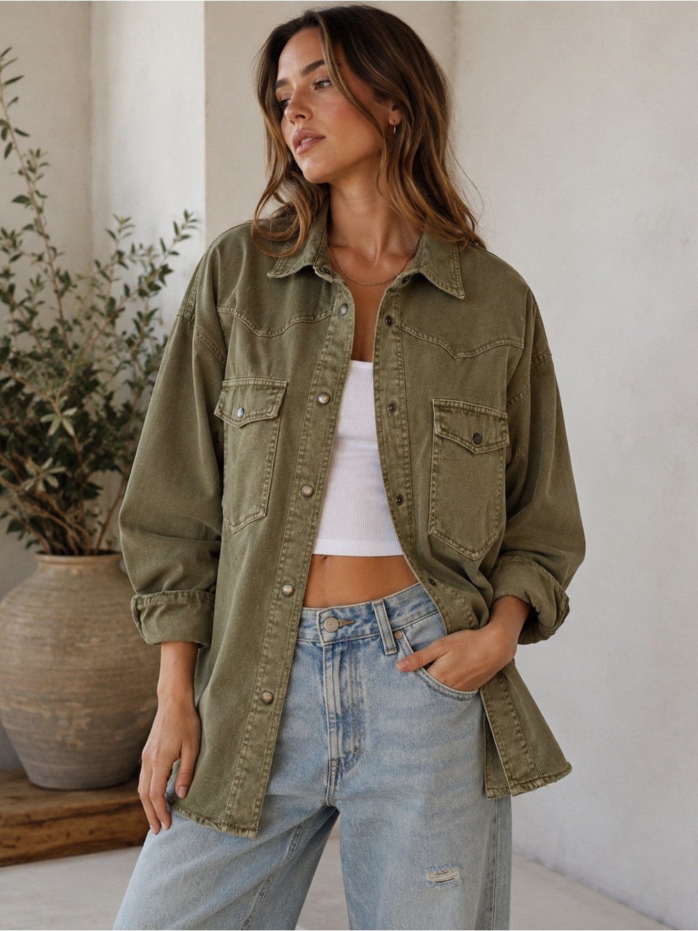 Mustard Seed Olive Button-Front Shirt Jacket